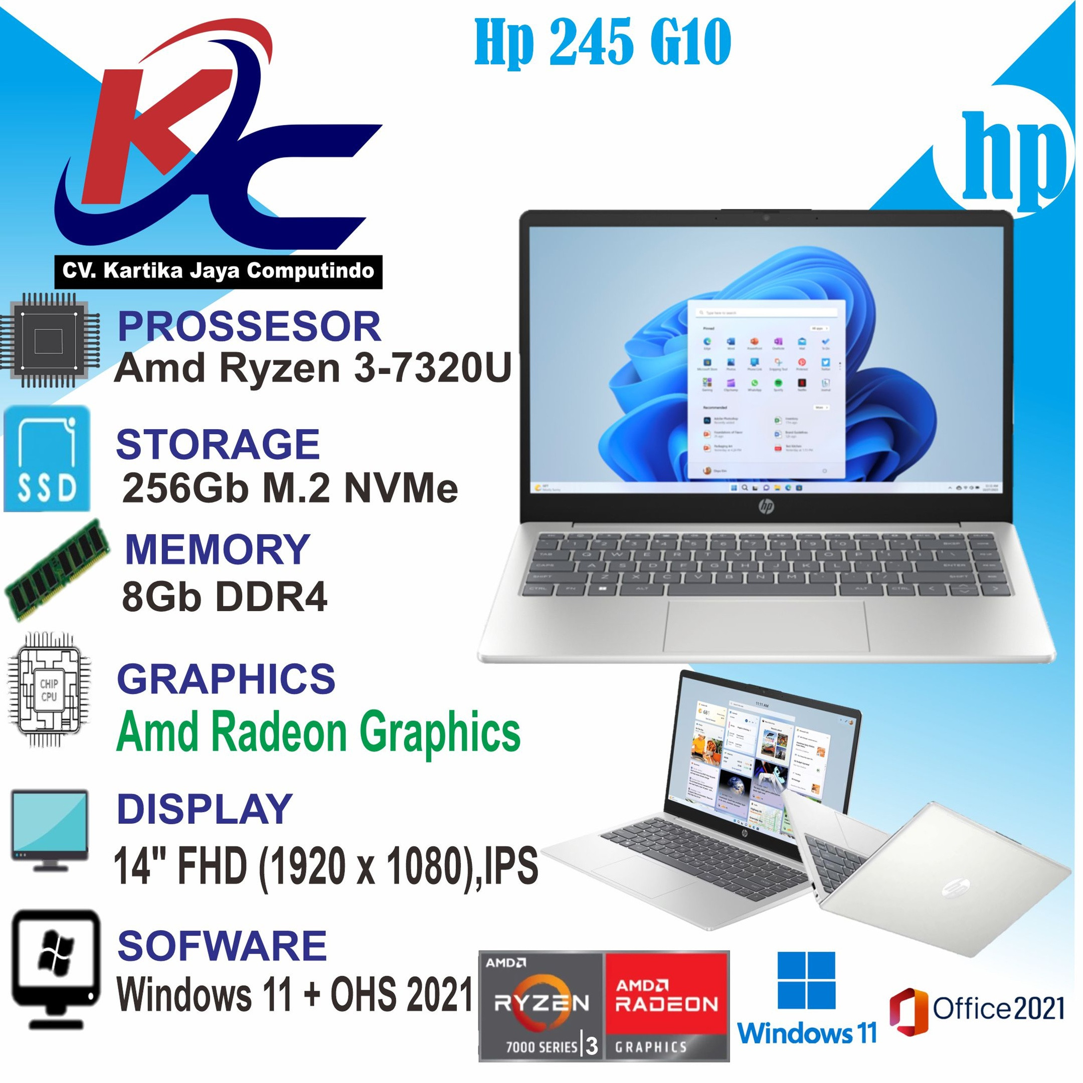 HP 245 G10  R3-7320U/ 8GB/ SSD256/ W11 FHD SILVER